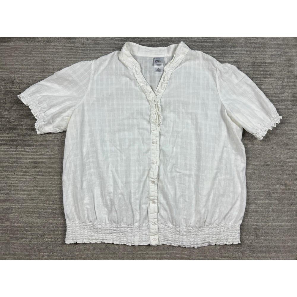 Just My Size Blouse Womens 2X White JM3927 Ruffle V-Neck Smocked Cotton Top